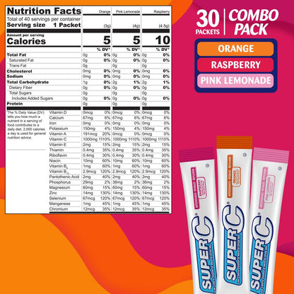 Super C Singles to Go Pulverbeutel - Wasser Trinkmischung, Sortenpackung mit Orange, Himbeere & Pink Limonade, 30 Portionen