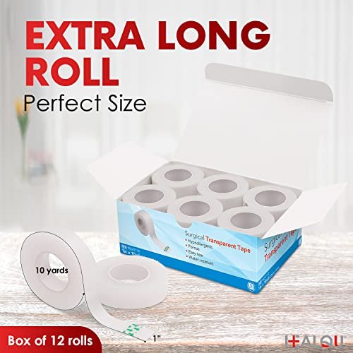 HEALQU Transparentes medizinisches Klebeband – 12 Rollen, 1" x 10yd, chirurgisches Tape mit sanfter Haftung für empfindliche Haut, zur Wundversorgung, Schlauchfixierung, Erste-Hilfe-Bedarf – Atmungsaktiv, mikroporös