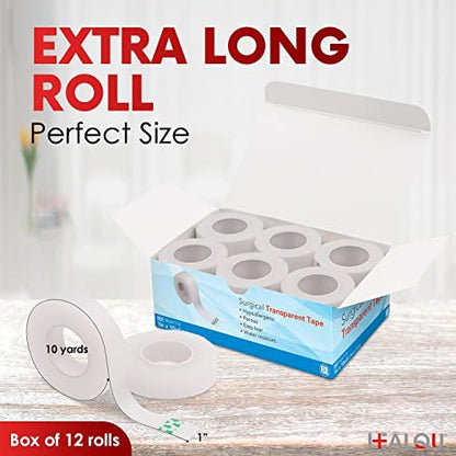 HEALQU Transparentes medizinisches Klebeband – 12 Rollen, 1" x 10yd, chirurgisches Tape mit sanfter Haftung für empfindliche Haut, zur Wundversorgung, Schlauchfixierung, Erste-Hilfe-Bedarf – Atmungsaktiv, mikroporös