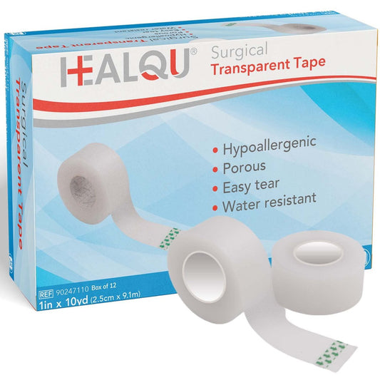 HEALQU Transparentes medizinisches Klebeband – 12 Rollen, 1" x 10yd, chirurgisches Tape mit sanfter Haftung für empfindliche Haut, zur Wundversorgung, Schlauchfixierung, Erste-Hilfe-Bedarf – Atmungsaktiv, mikroporös