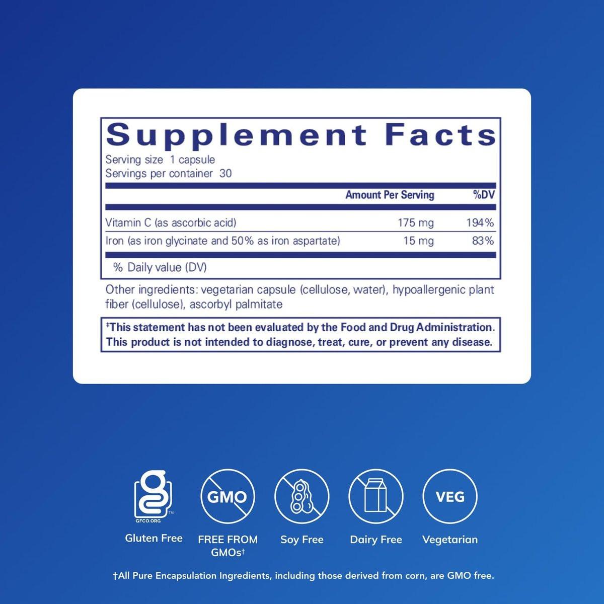 Pure Encapsulations Eisen-C - 15 mg Eisen + 175 mg Vitamin C - Unterstützung der roten Blutkörperchen* - Energieproduktion - Hoch bioverfügbares Eisen - für Frauen & Männer - Glutenfrei & Vegan - 30 Kapseln