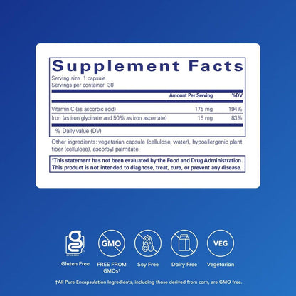 Pure Encapsulations Eisen-C - 15 mg Eisen + 175 mg Vitamin C - Unterstützung der roten Blutkörperchen* - Energieproduktion - Hoch bioverfügbares Eisen - für Frauen & Männer - Glutenfrei & Vegan - 30 Kapseln