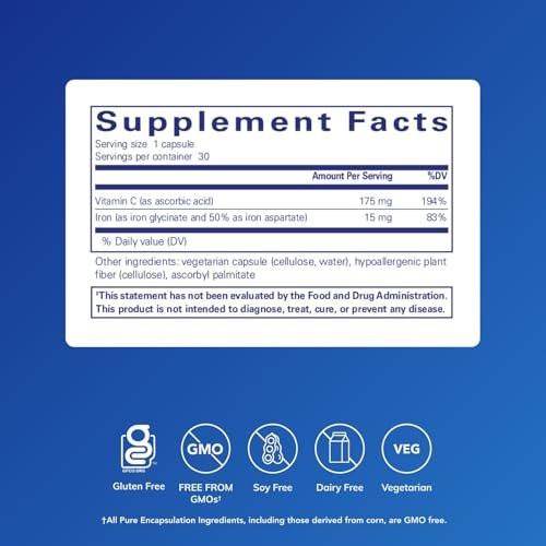Pure Encapsulations Eisen-C - 15 mg Eisen + 175 mg Vitamin C - Unterstützung der roten Blutkörperchen* - Energieproduktion - Hoch bioverfügbares Eisen - für Frauen & Männer - Glutenfrei & Vegan - 30 Kapseln