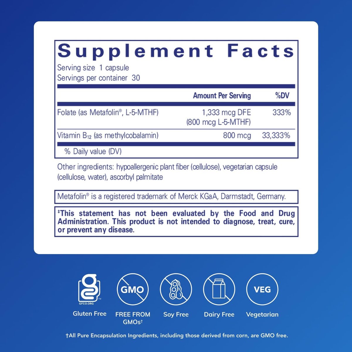 Pure Encapsulations B12 Folat – Energie-Komplex zur Unterstützung von Nerven, Energiestoffwechsel und kognitiver Funktion* – mit Vitamin B12 und Folat als Metafolin – 30 Kapseln