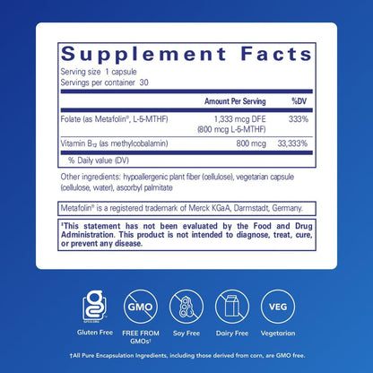 Pure Encapsulations B12 Folat – Energie-Komplex zur Unterstützung von Nerven, Energiestoffwechsel und kognitiver Funktion* – mit Vitamin B12 und Folat als Metafolin – 30 Kapseln