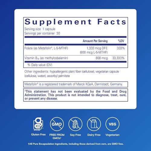 Pure Encapsulations B12 Folat – Energie-Komplex zur Unterstützung von Nerven, Energiestoffwechsel und kognitiver Funktion* – mit Vitamin B12 und Folat als Metafolin – 30 Kapseln