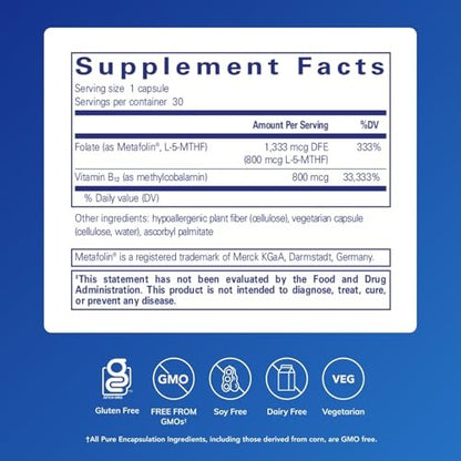 Pure Encapsulations B12 Folat – Energie-Komplex zur Unterstützung von Nerven, Energiestoffwechsel und kognitiver Funktion* – mit Vitamin B12 und Folat als Metafolin – 30 Kapseln
