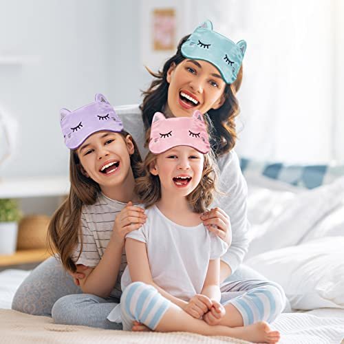 Haysandy 3er-Set Schlafmaske für Kinder, Mädchen – Katzenform, weiche Seiden-Augenmaske, niedliches Tier-Design, für Reisen und Zuhause (Einfaches Design)