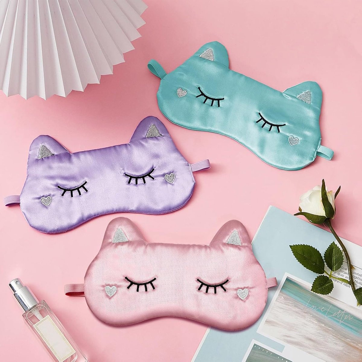 Haysandy 3er-Set Schlafmaske für Kinder, Mädchen – Katzenform, weiche Seiden-Augenmaske, niedliches Tier-Design, für Reisen und Zuhause (Einfaches Design)