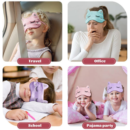 Haysandy 3er-Set Schlafmaske für Kinder, Mädchen – Katzenform, weiche Seiden-Augenmaske, niedliches Tier-Design, für Reisen und Zuhause (Einfaches Design)