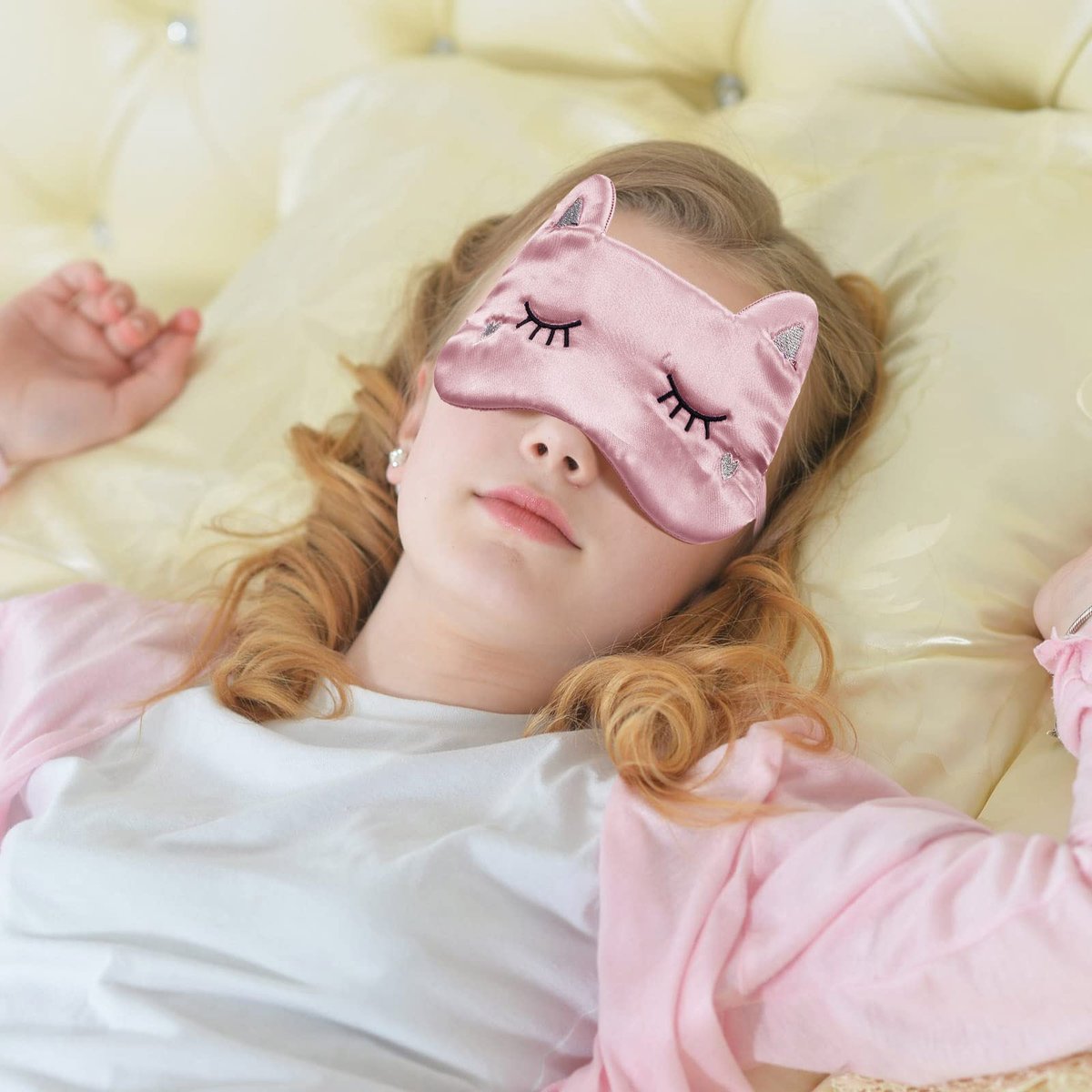 Haysandy 3er-Set Schlafmaske für Kinder, Mädchen – Katzenform, weiche Seiden-Augenmaske, niedliches Tier-Design, für Reisen und Zuhause (Einfaches Design)