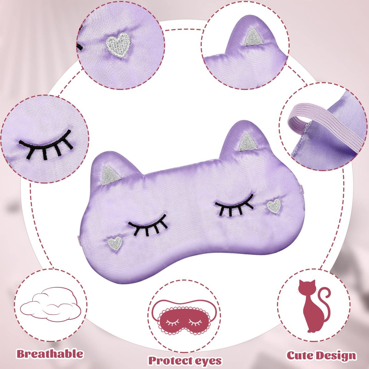 Haysandy 3er-Set Schlafmaske für Kinder, Mädchen – Katzenform, weiche Seiden-Augenmaske, niedliches Tier-Design, für Reisen und Zuhause (Einfaches Design)