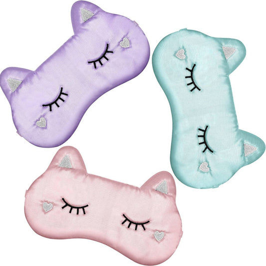 Haysandy 3er-Set Schlafmaske für Kinder, Mädchen – Katzenform, weiche Seiden-Augenmaske, niedliches Tier-Design, für Reisen und Zuhause (Einfaches Design)