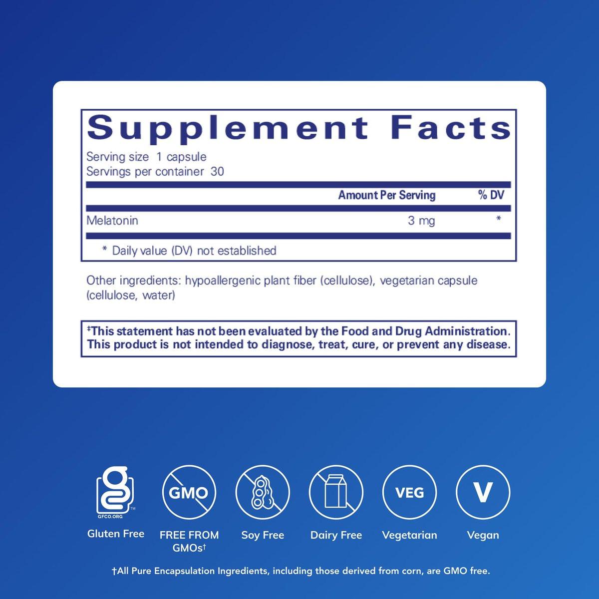 Pure Encapsulations Melatonin 3 mg – Antioxidant zur Unterstützung des natürlichen Schlafs & Linderung gelegentlicher Schlaflosigkeit – 30 Kapseln