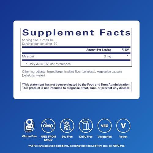 Pure Encapsulations Melatonin 3 mg – Antioxidant zur Unterstützung des natürlichen Schlafs & Linderung gelegentlicher Schlaflosigkeit – 30 Kapseln