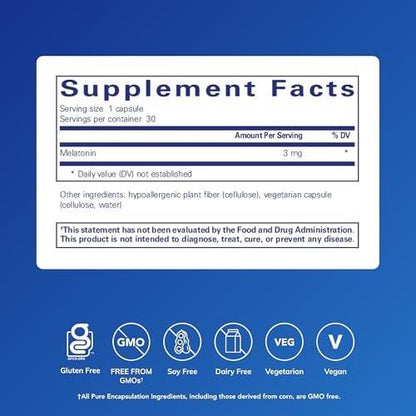 Pure Encapsulations Melatonin 3 mg – Antioxidant zur Unterstützung des natürlichen Schlafs & Linderung gelegentlicher Schlaflosigkeit – 30 Kapseln