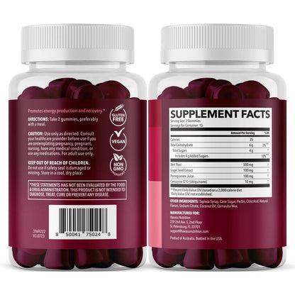Rote-Bete-Gummis mit Coenzym Q10 & Granatapfel - Stickoxid-Booster für Ausdauer & Leistung - Vegan, Nicht-GVO, Glutenfrei - gemischter Beerengeschmack, 30 Stück