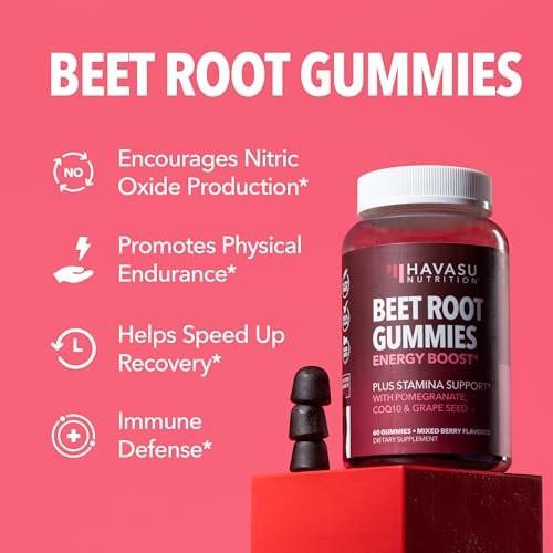 Rote-Bete-Gummis mit Coenzym Q10 & Granatapfel - Stickoxid-Booster für Ausdauer & Leistung - Vegan, Nicht-GVO, Glutenfrei - gemischter Beerengeschmack, 30 Stück