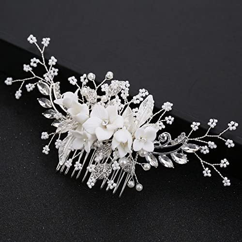 Handgefertigter Silberner Braut-Haarkamm mit Blume – Kristall-Haarschmuck für Braut, Hochzeit, Brautjungfern
