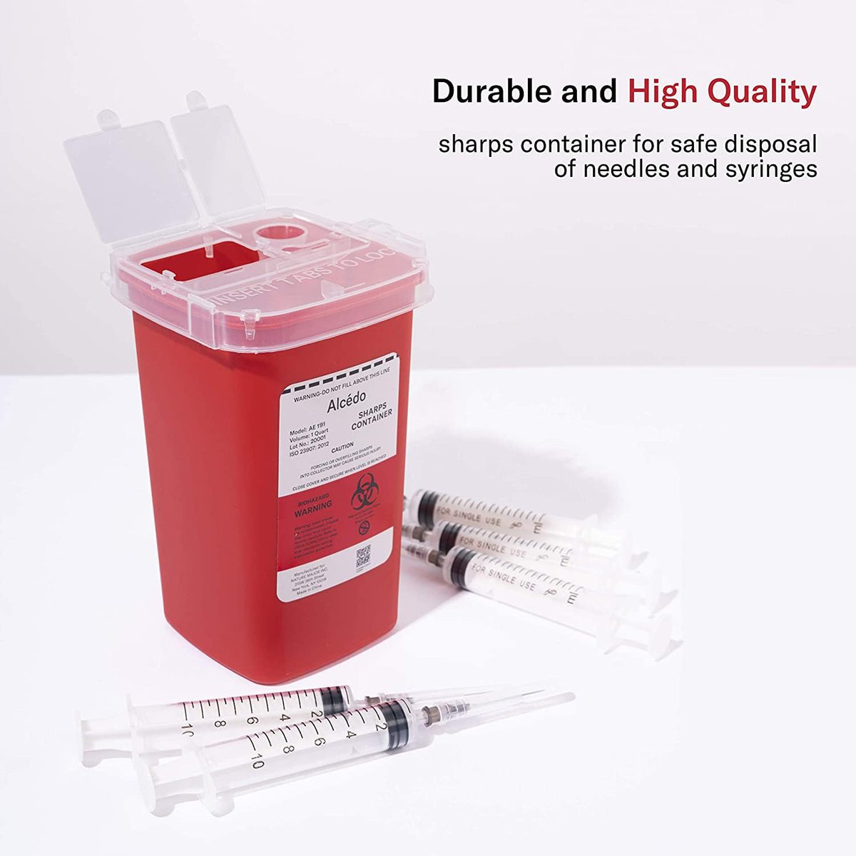 Alcedo Sharps Behälter für den Hausgebrauch 1 Quart (1er-Pack) | Biohazard Nadel- und Spritzenentsorgung | Kleiner tragbarer Behälter für Reisen und professionelle Nutzung
