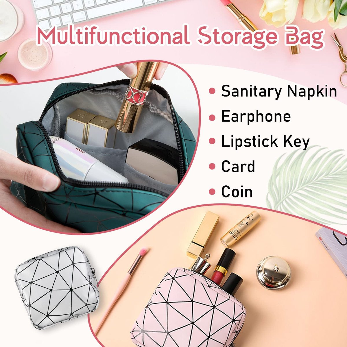 Bisanzoya Damenbinden-Aufbewahrungstaschen 4er-Set Menstruationstaschen für Tassen, Slipeinlagenhalter, Tampontaschen, tragbares Periodenkit, feminine Produkttasche für Binden und Tampons mit Reißverschluss