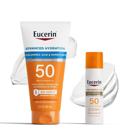 Eucerin Sun Advanced Hydration SPF 50 Sonnenlotion (150 ml) + Age Defense Gesichts-Sonnenschutz Lotion SPF 50 (75 ml), hypoallergener und leichter Sonnenschutz mit Hyaluronsäure