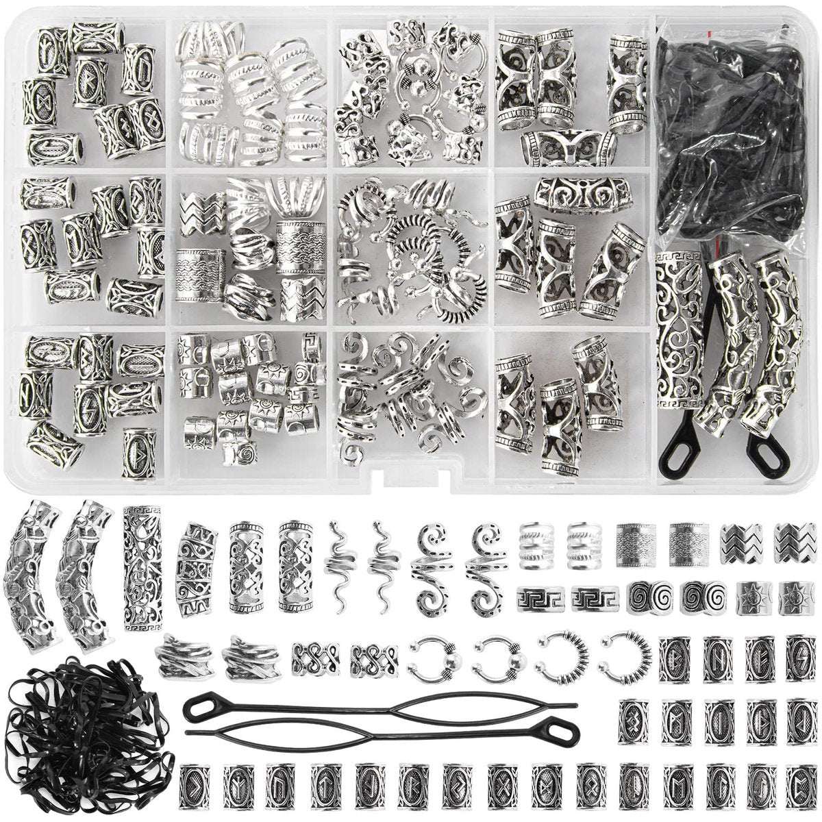 152-teiliges Wikinger-Haarschmuck-Set: Runenröhrchen, Metallklammern, Manschetten, Ringe – Ideal für Zöpfe, Dreadlocks, Bärte, Armbänder, Anhänger & DIY