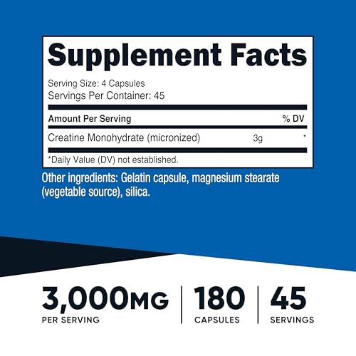Nutricost Creatin Monohydrat 3.000 mg, 180 Kapseln (750 mg pro Kapsel) - Glutenfrei, Nicht-GVO