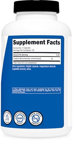 Nutricost Creatin Monohydrat 3.000 mg, 180 Kapseln (750 mg pro Kapsel) - Glutenfrei, Nicht-GVO
