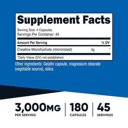 Nutricost Creatin Monohydrat 3.000 mg, 180 Kapseln (750 mg pro Kapsel) - Glutenfrei, Nicht-GVO