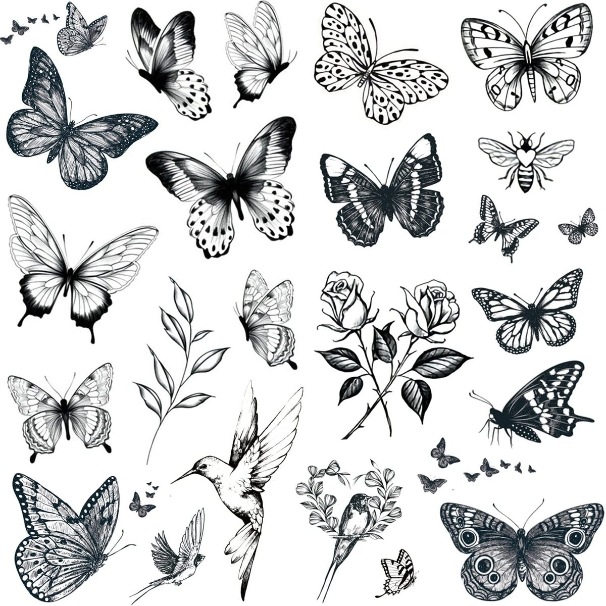 Tazimi 6 Blätter Große Schwarze Schmetterling Temporäre Tattoos für Frauen – Blumen, Schmetterlinge, Kolibri, Schwalbe, Rose Temporäre Tattoos, wasserfest, langlebig, sexy Fake Tattoo für Erwachsene