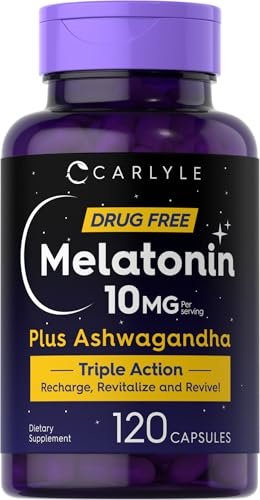 Carlyle Melatonin 10mg mit Ashwagandha | 120 Kapseln | Dreifach-Stärke-Formel | Nicht-GMO, Glutenfrei Schlaf Ergänzung