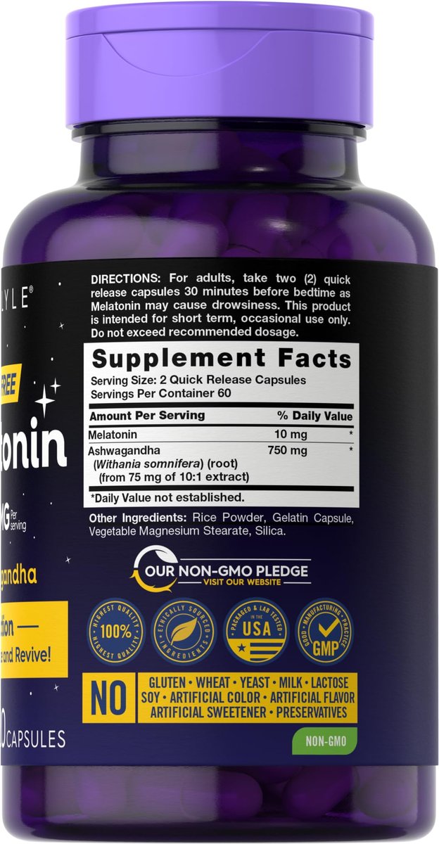 Carlyle Melatonin 10mg mit Ashwagandha | 120 Kapseln | Dreifach-Stärke-Formel | Nicht-GMO, Glutenfrei Schlaf Ergänzung
