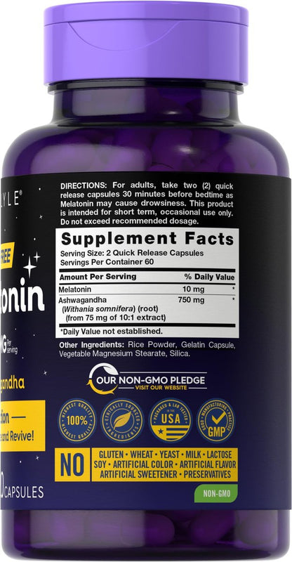 Carlyle Melatonin 10mg mit Ashwagandha | 120 Kapseln | Dreifach-Stärke-Formel | Nicht-GMO, Glutenfrei Schlaf Ergänzung