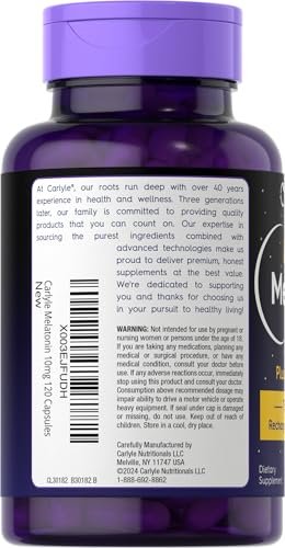 Carlyle Melatonin 10mg mit Ashwagandha | 120 Kapseln | Dreifach-Stärke-Formel | Nicht-GMO, Glutenfrei Schlaf Ergänzung