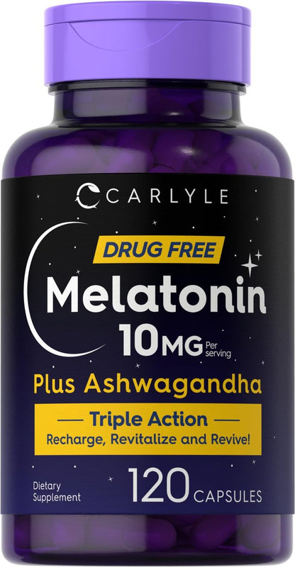Carlyle Melatonin 10mg mit Ashwagandha | 120 Kapseln | Dreifach-Stärke-Formel | Nicht-GMO, Glutenfrei Schlaf Ergänzung