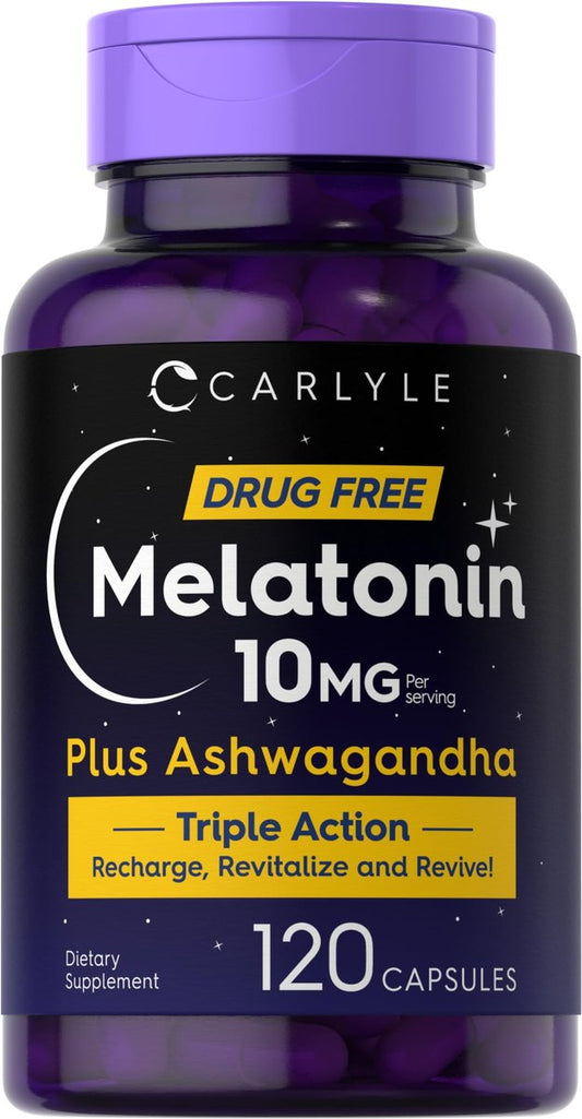 Carlyle Melatonin 10mg mit Ashwagandha | 120 Kapseln | Dreifach-Stärke-Formel | Nicht-GMO, Glutenfrei Schlaf Ergänzung