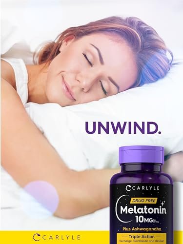 Carlyle Melatonin 10mg mit Ashwagandha | 120 Kapseln | Dreifach-Stärke-Formel | Nicht-GMO, Glutenfrei Schlaf Ergänzung