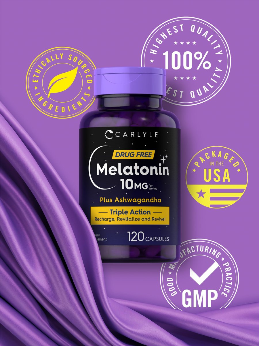 Carlyle Melatonin 10mg mit Ashwagandha | 120 Kapseln | Dreifach-Stärke-Formel | Nicht-GMO, Glutenfrei Schlaf Ergänzung