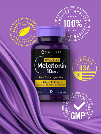 Carlyle Melatonin 10mg mit Ashwagandha | 120 Kapseln | Dreifach-Stärke-Formel | Nicht-GMO, Glutenfrei Schlaf Ergänzung