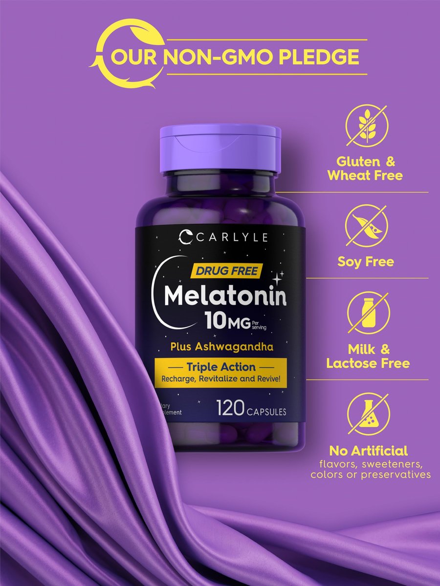 Carlyle Melatonin 10mg mit Ashwagandha | 120 Kapseln | Dreifach-Stärke-Formel | Nicht-GMO, Glutenfrei Schlaf Ergänzung