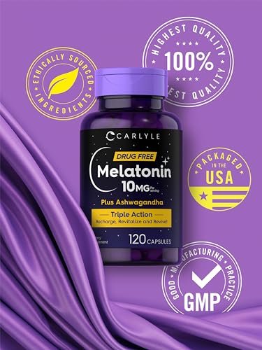 Carlyle Melatonin 10mg mit Ashwagandha | 120 Kapseln | Dreifach-Stärke-Formel | Nicht-GMO, Glutenfrei Schlaf Ergänzung