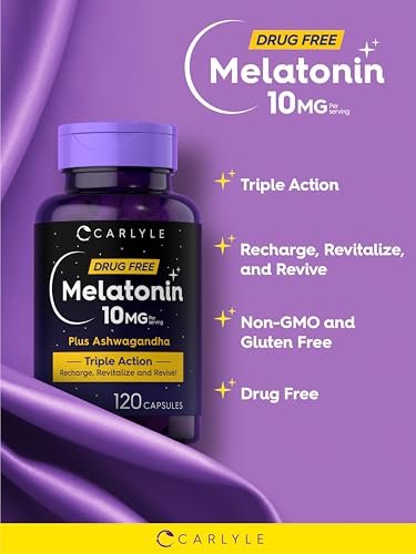 Carlyle Melatonin 10mg mit Ashwagandha | 120 Kapseln | Dreifach-Stärke-Formel | Nicht-GMO, Glutenfrei Schlaf Ergänzung