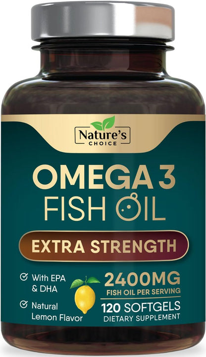 Omega 3 Fischöl Kapseln 2400 mg pro Portion - Dreifach Stärke mit EPA & DHA - Unterstützt Herz, Gehirn & Immunsystem - Wild gefangen, in den USA abgefüllt - 120 Softgels
