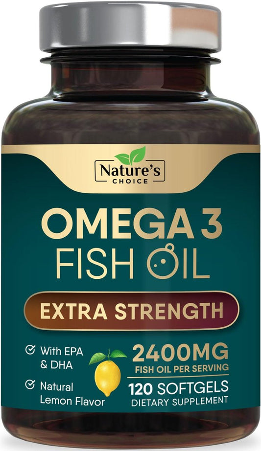 Omega 3 Fischöl Kapseln 2400 mg pro Portion - Dreifach Stärke mit EPA & DHA - Unterstützt Herz, Gehirn & Immunsystem - Wild gefangen, in den USA abgefüllt - 120 Softgels