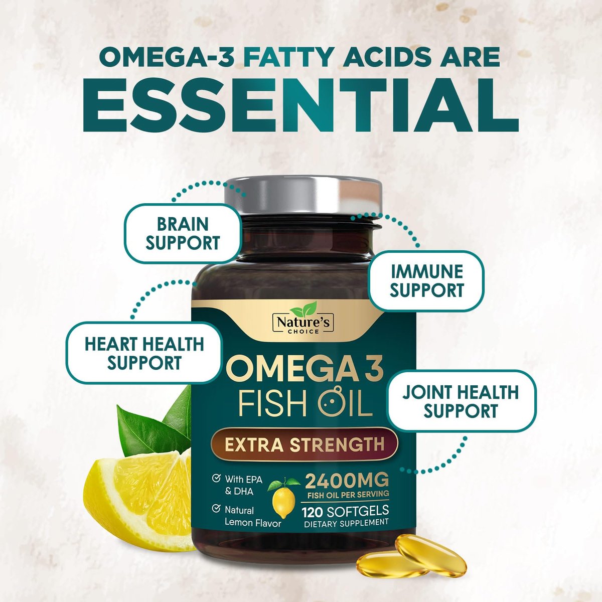 Omega 3 Fischöl Kapseln 2400 mg pro Portion - Dreifach Stärke mit EPA & DHA - Unterstützt Herz, Gehirn & Immunsystem - Wild gefangen, in den USA abgefüllt - 120 Softgels