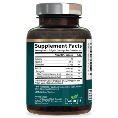 Omega 3 Fischöl Kapseln 2400 mg pro Portion - Dreifach Stärke mit EPA & DHA - Unterstützt Herz, Gehirn & Immunsystem - Wild gefangen, in den USA abgefüllt - 120 Softgels