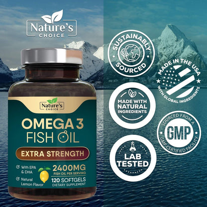 Omega 3 Fischöl Kapseln 2400 mg pro Portion - Dreifach Stärke mit EPA & DHA - Unterstützt Herz, Gehirn & Immunsystem - Wild gefangen, in den USA abgefüllt - 120 Softgels