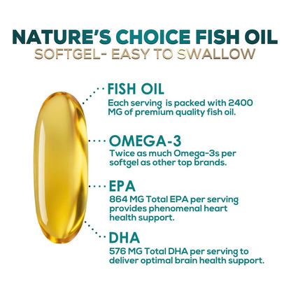 Omega 3 Fischöl Kapseln 2400 mg pro Portion - Dreifach Stärke mit EPA & DHA - Unterstützt Herz, Gehirn & Immunsystem - Wild gefangen, in den USA abgefüllt - 120 Softgels