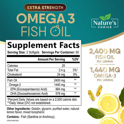 Omega 3 Fischöl Kapseln 2400 mg pro Portion - Dreifach Stärke mit EPA & DHA - Unterstützt Herz, Gehirn & Immunsystem - Wild gefangen, in den USA abgefüllt - 120 Softgels